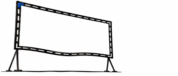 A large blank rectangular drive-in cinema screen with a black stitched-looking border and a small blue patch at the upper-left corner stands on splayed…