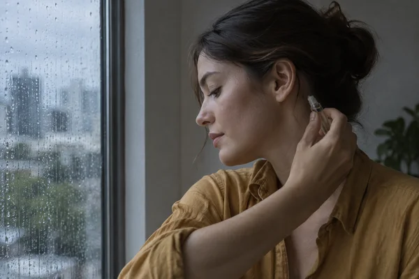 A woman in a faded ochre shirt holds a small clear bottle behind her ear while looking down beside a rain-streaked apartment window.