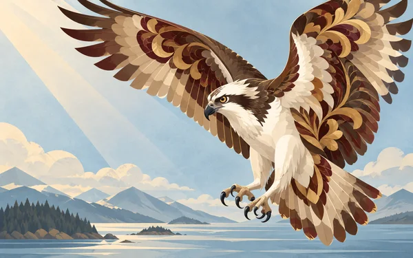 A stylized osprey with broad raised wings and ornate layered feathers flies above a blue lake and distant mountains.