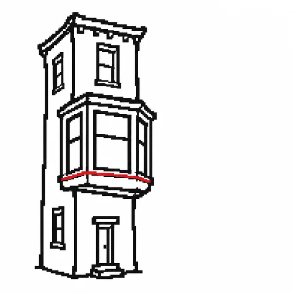 A narrow, three-storey black-and-white apartment building is drawn from a three-quarter angle against a white background.