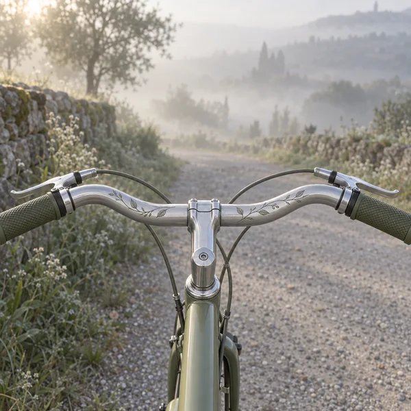 A brushed-silver bicycle handlebar with olive textured grips, brake levers, descending cables and a leaf-and-stem engraving, seen against a misty gravel lane…