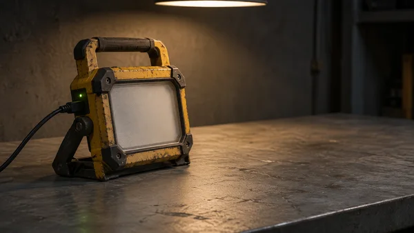 A scuffed ochre work lantern with an unlit frosted panel sits on the left side of a bare, grey repair bench.