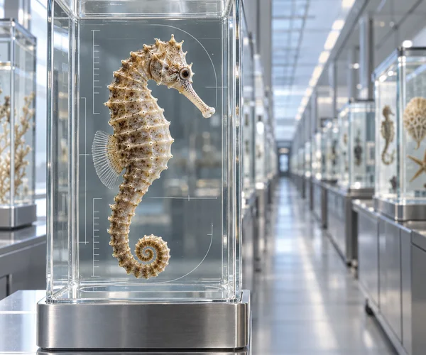 A detailed tan-and-cream seahorse with a tightly curled tail is displayed in a clear chamber, with fine measurement-like marks on the glass and a bright…