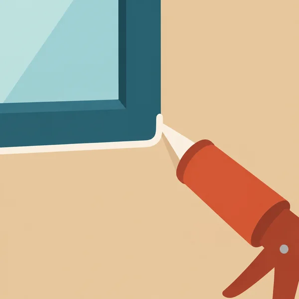 A terracotta caulking gun points toward the lower-right corner of a deep-teal window frame, where an ivory bead runs along the frame-to-wall joint.