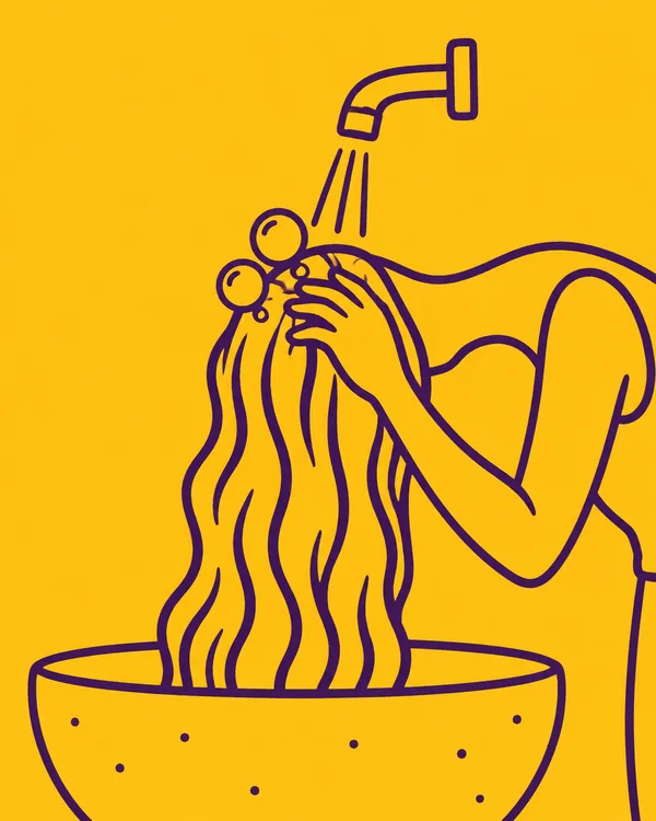 A person bends over a wide, speckled basin as water runs from a curved faucet onto long hair; one hand rests on the scalp against a bright amber background.