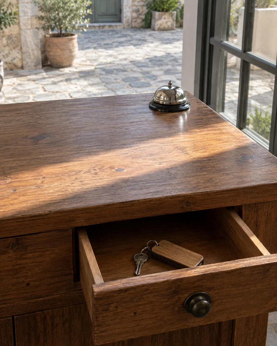 A wooden reception counter with a polished nickel service bell stands beside a glazed window overlooking a stone-paved courtyard.