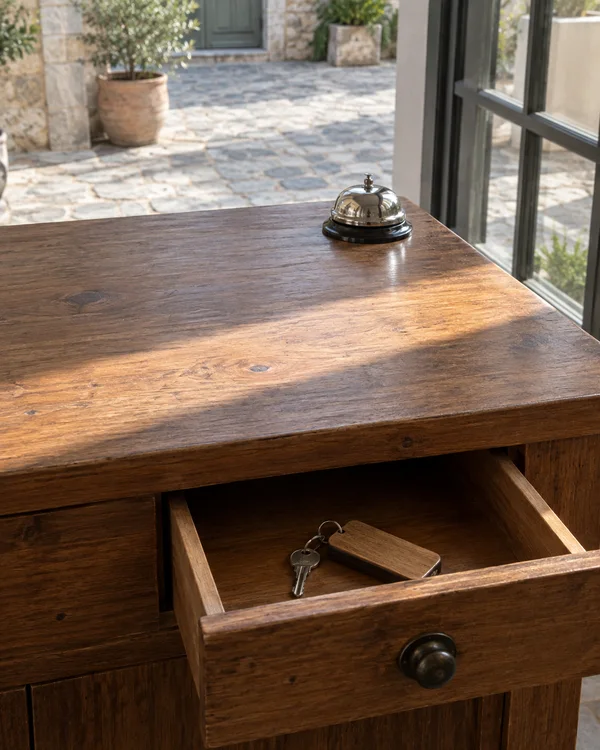 A wooden reception counter with a polished nickel service bell stands beside a glazed window overlooking a stone-paved courtyard.