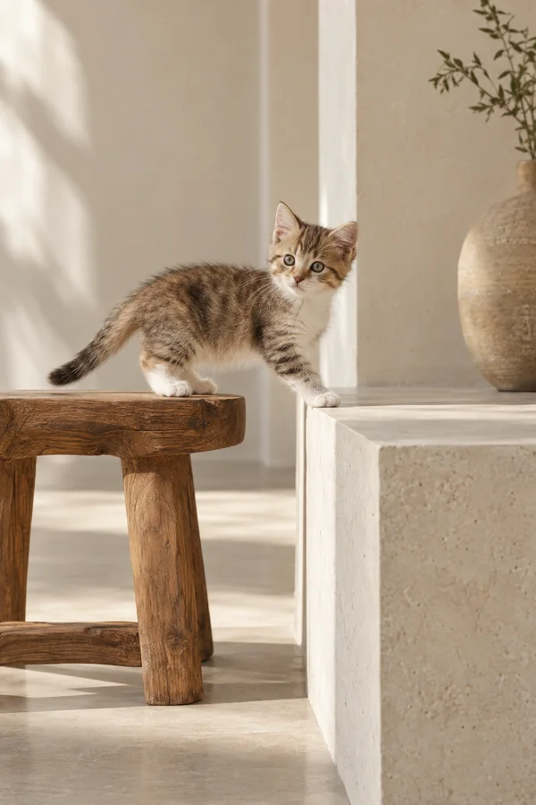 A tabby-and-white kitten stands with one front paw on a pale stone platform and the other on a rustic wooden stool in a softly sunlit neutral room.