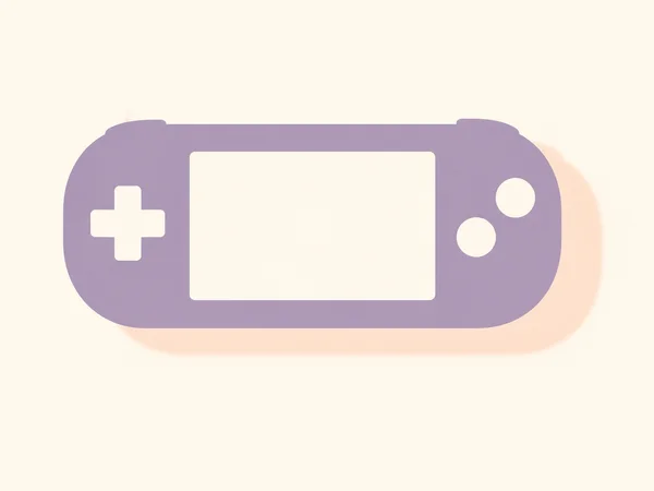 A dusty-lilac handheld gaming console silhouette with a large pale screen cutout, a directional cross, and two circular buttons, against a warm ivory…