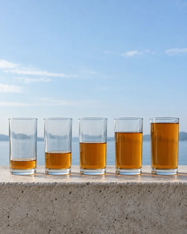 Five clear cylindrical glasses containing progressively larger amounts of amber tea stand in a row on a pale concrete ledge, with blue sky and a distant water…