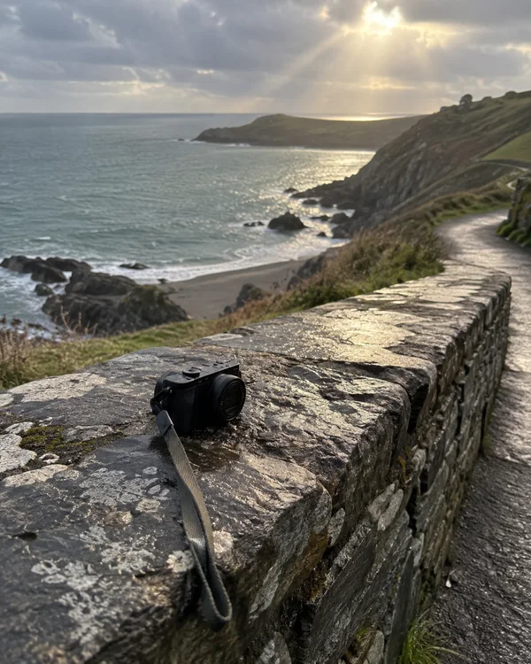 A compact black camera with a woven strap rests on a rain-damp stone wall beside a curving coastal footpath, overlooking a rocky shore and sea beneath sunlit…