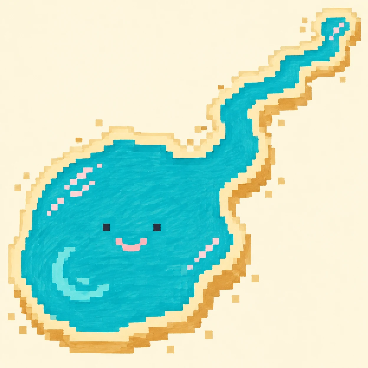 A turquoise, pixel-stepped lake with a smiling face stretches diagonally across a warm ivory background, bordered by pale sand and amber shading.