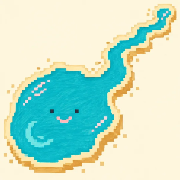 A turquoise, pixel-stepped lake with a smiling face stretches diagonally across a warm ivory background, bordered by pale sand and amber shading.