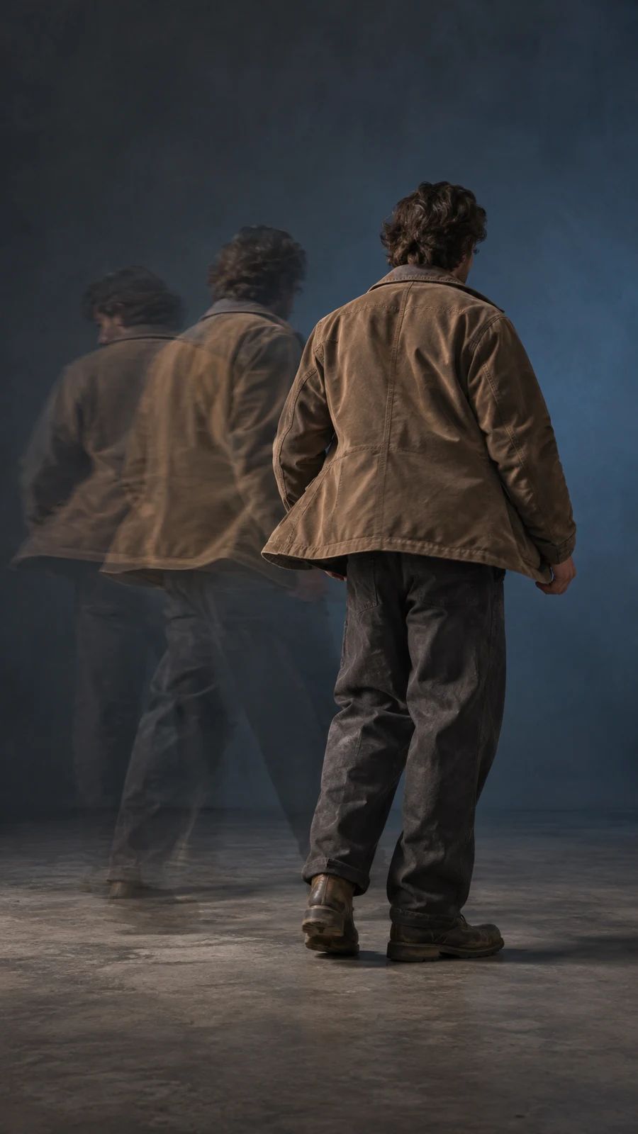 A full-length figure seen from behind wears a brown canvas jacket, dark wide-leg trousers and work boots, with two translucent movement traces to the left…