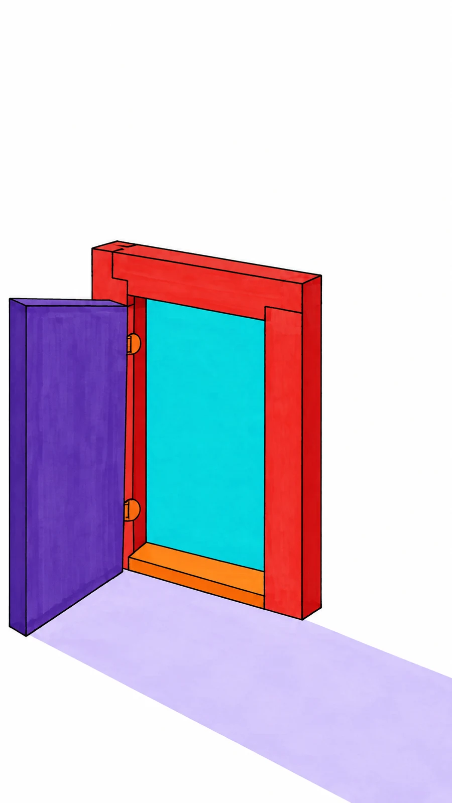 A large purple door swings open from a red framed doorway, revealing a bright turquoise opening above an orange threshold.