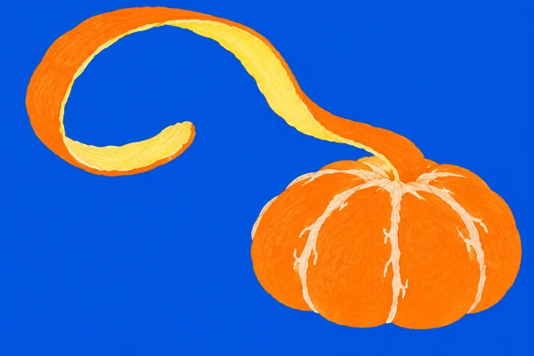 A squat, broadly lobed orange mandarin sits in the lower right against a cobalt-blue background, with a wide strip of rind curling upward into a large loop and…