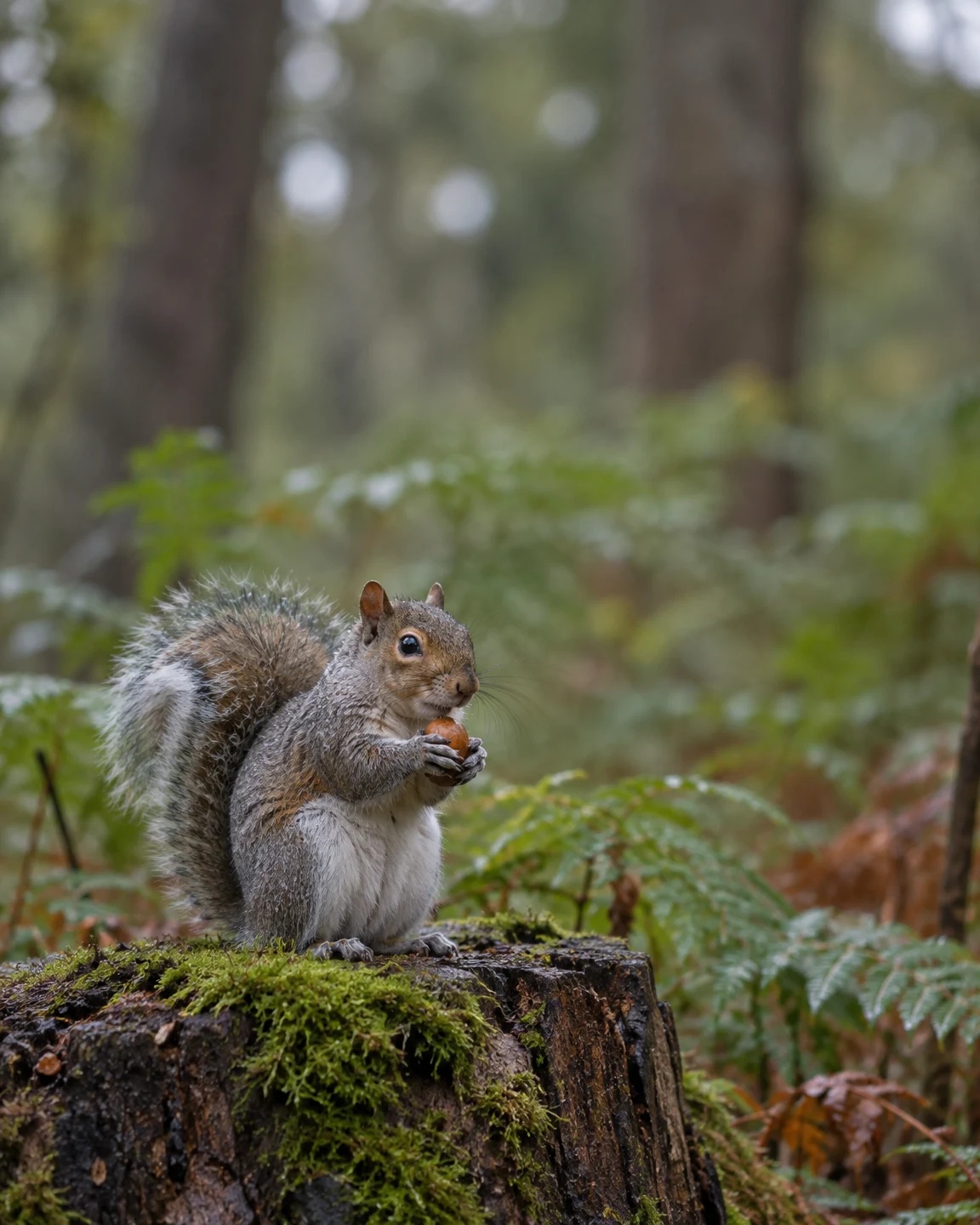 A grey squirrel sits upright on a moss-covered stump, holding a brown nut between its paws, with blurred green woodland and tree trunks behind it.