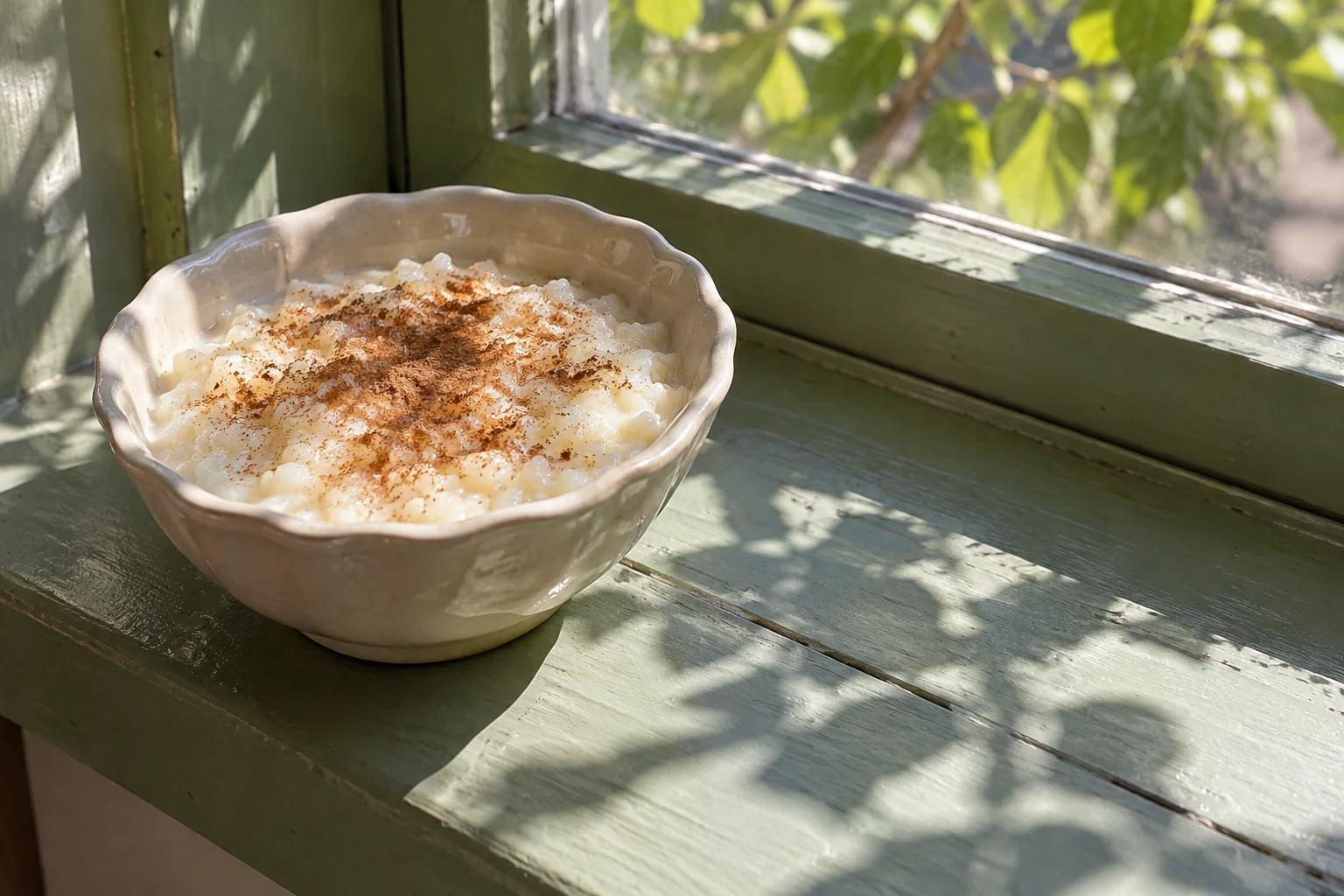 A scalloped ivory ceramic bowl of creamy rice pudding with cinnamon sits left of centre on a muted green wooden windowsill.