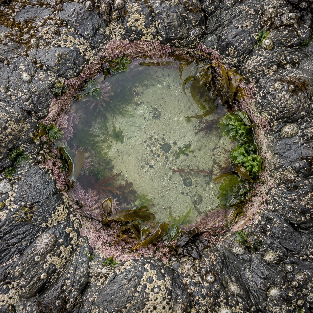 A near-circular tide pool viewed from above, with pale green water over a sandy bottom, pink algae and green-brown seaweed around its edge, and barnacle- and…