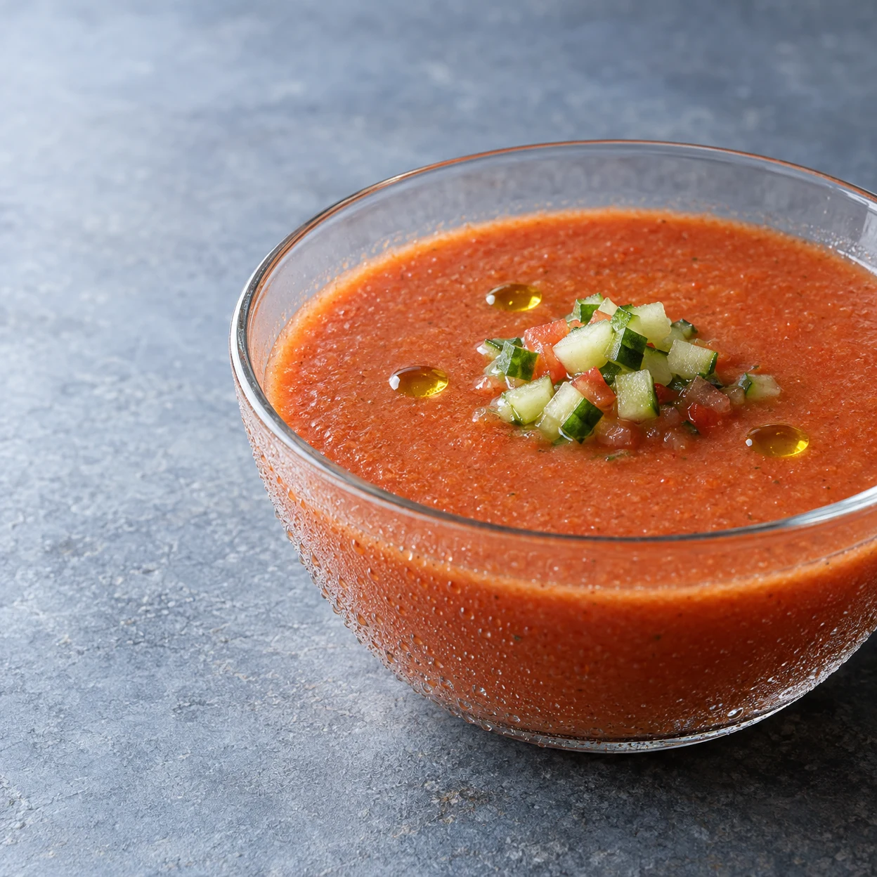 A large clear glass bowl of orange-red tomato gazpacho sits on a blue-gray stone surface, topped with diced cucumber and three olive oil droplets.