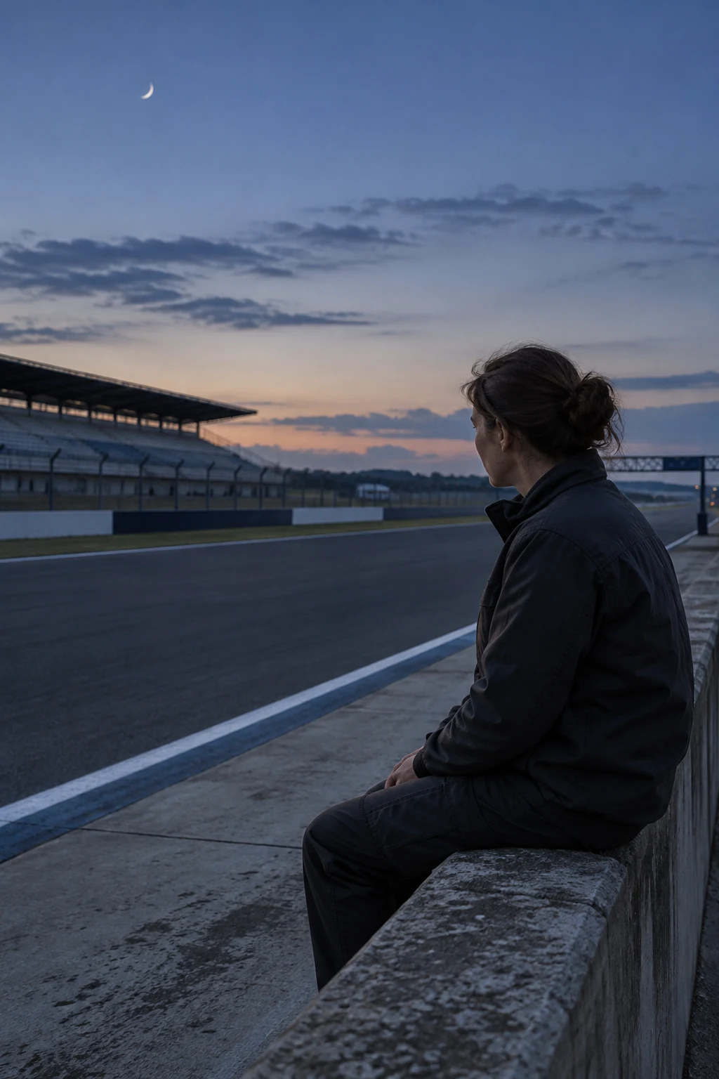 An adult in a dark jacket sits on a weathered concrete wall beside an empty motor-racing circuit at twilight, looking across the asphalt and painted edge line…