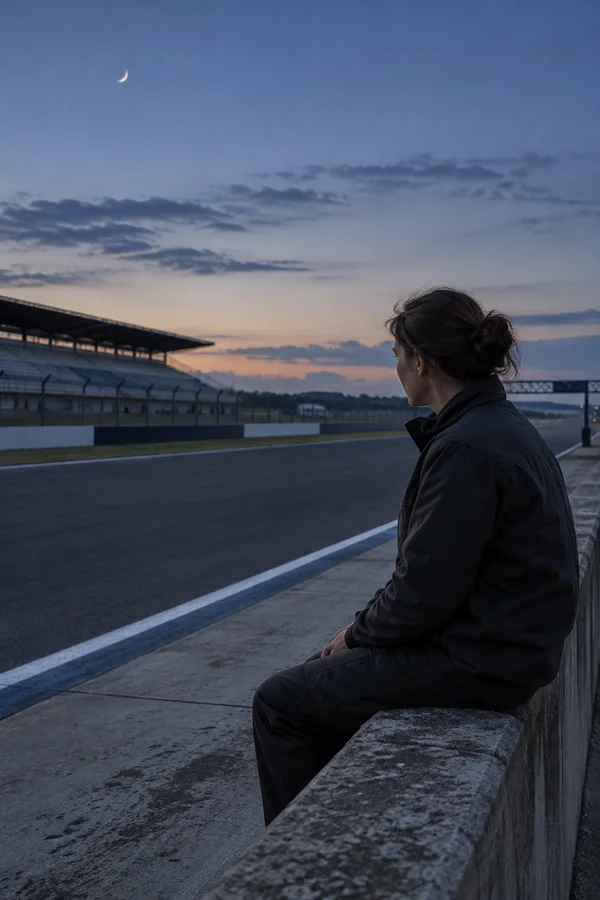 An adult in a dark jacket sits on a weathered concrete wall beside an empty motor-racing circuit at twilight, looking across the asphalt and painted edge line…