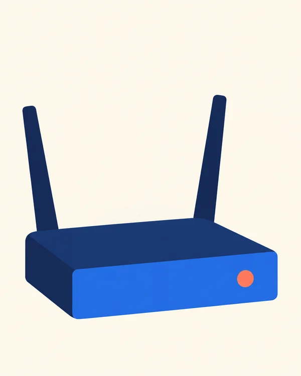 A squat cobalt-blue wireless router with a navy top and side, two tall navy antennas, and one coral circular status light sits against a warm ivory background.