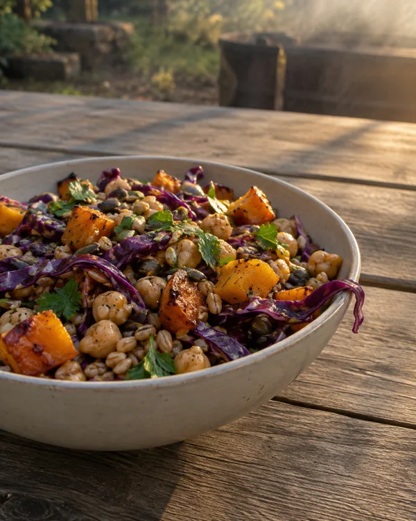 A large off-white ceramic bowl of farro, roasted orange squash, chickpeas and purple cabbage sits on a wooden outdoor table in warm low sunlight, with a…