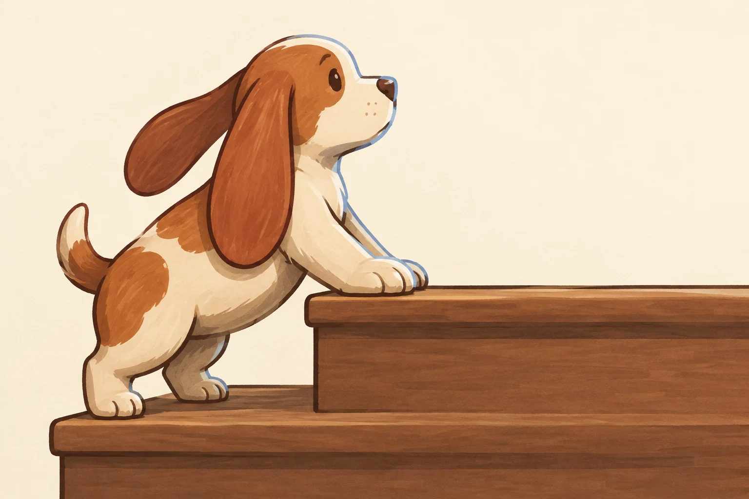 A cream-and-terracotta puppy with two long floppy ears climbs a pair of broad wooden steps, leaning forward with its front paw on the upper tread and its hind…