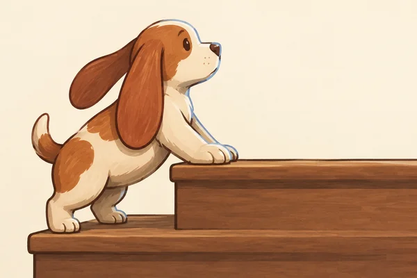 A cream-and-terracotta puppy with two long floppy ears climbs a pair of broad wooden steps, leaning forward with its front paw on the upper tread and its hind…