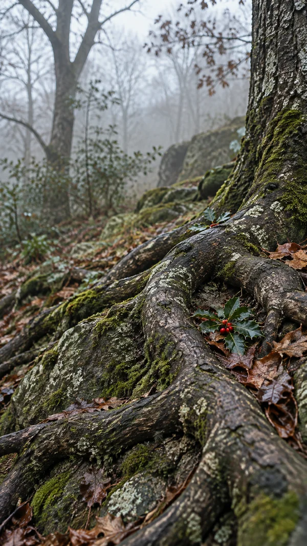 A large oak trunk and thick, twisting roots spread over a mossy, lichen-covered rock on a woodland slope.