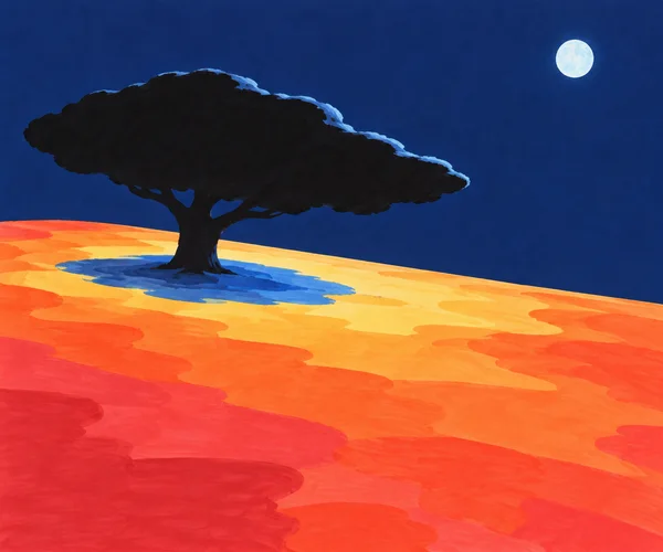 A broad black tree with an umbrella-shaped canopy stands on a continuous landscape of coral, orange and yellow patches, with a cobalt-blue area beneath it; a…