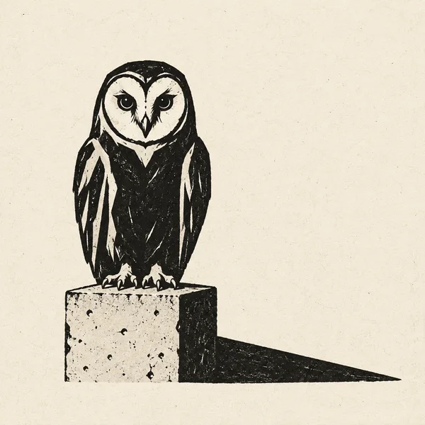 A front-facing black owl with a rounded ivory facial disc and folded wings perches on a speckled rectangular block, casting a long angular shadow to the lower…