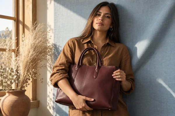 A woman with long dark hair leans against a blue woven-texture wall while holding a large burgundy leather tote across her torso.