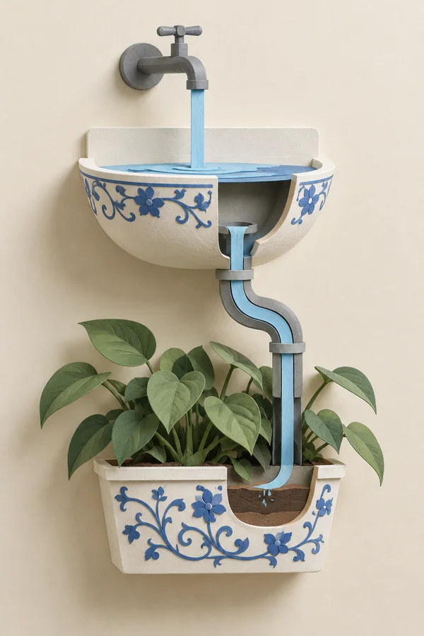 A layered paper-collage relief shows a wall-mounted floral washbasin above a matching planter, with blue water flowing from the faucet through an exposed…