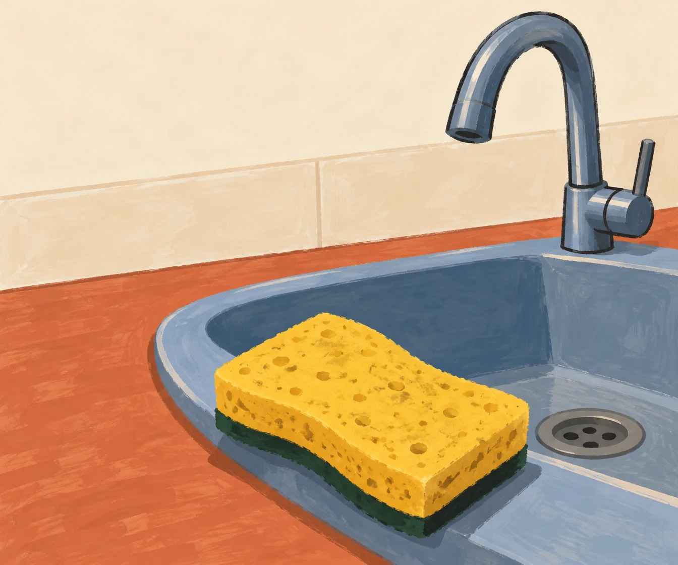 A large yellow sponge with a dark green underside rests across the front of a wide blue kitchen sink.