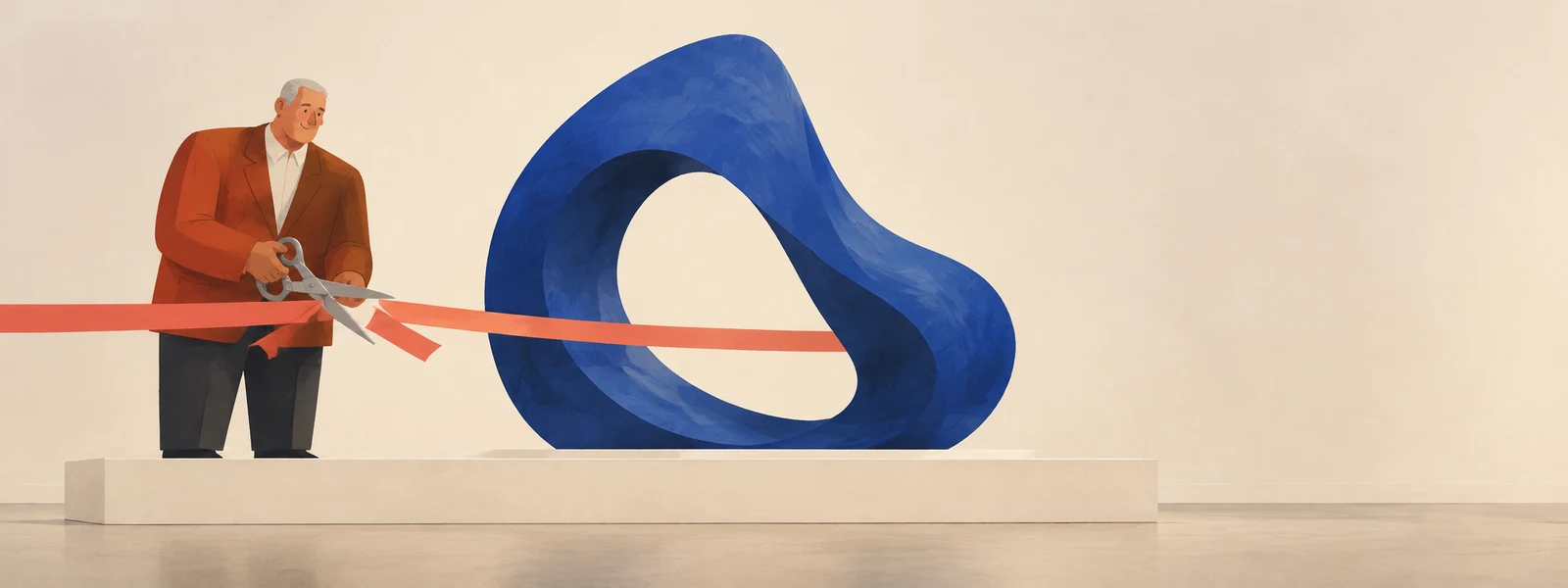 A grey-haired man in a rust jacket cuts a coral ribbon with silver scissors beside a large cobalt loop sculpture on an ivory plinth in a pale cream gallery.