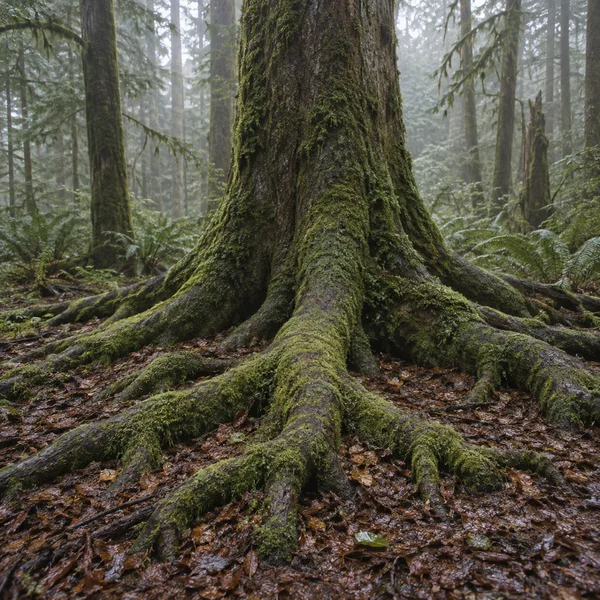A massive moss-covered tree trunk rises from broad, spreading roots across damp leaf litter in a misty forest, with ferns and distant trunks in the background.