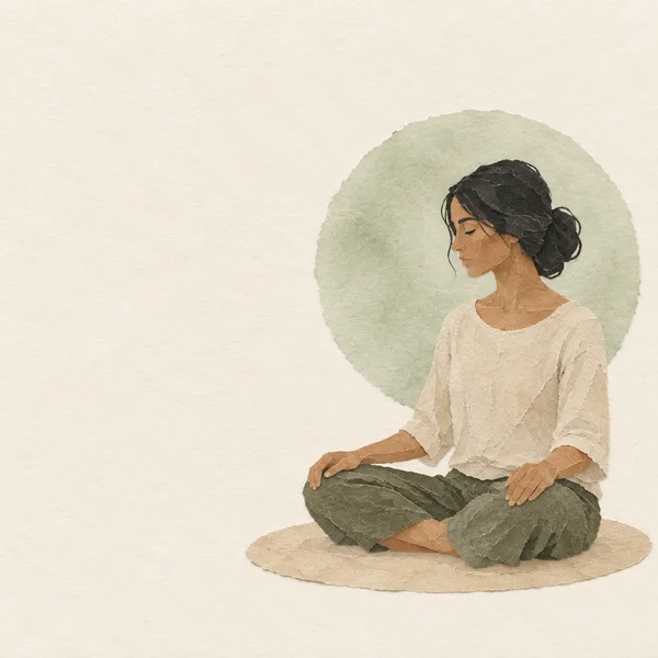 A cross-legged adult meditator with dark hair sits in profile on a sand-colored oval mat, wearing an oatmeal shirt and olive trousers.