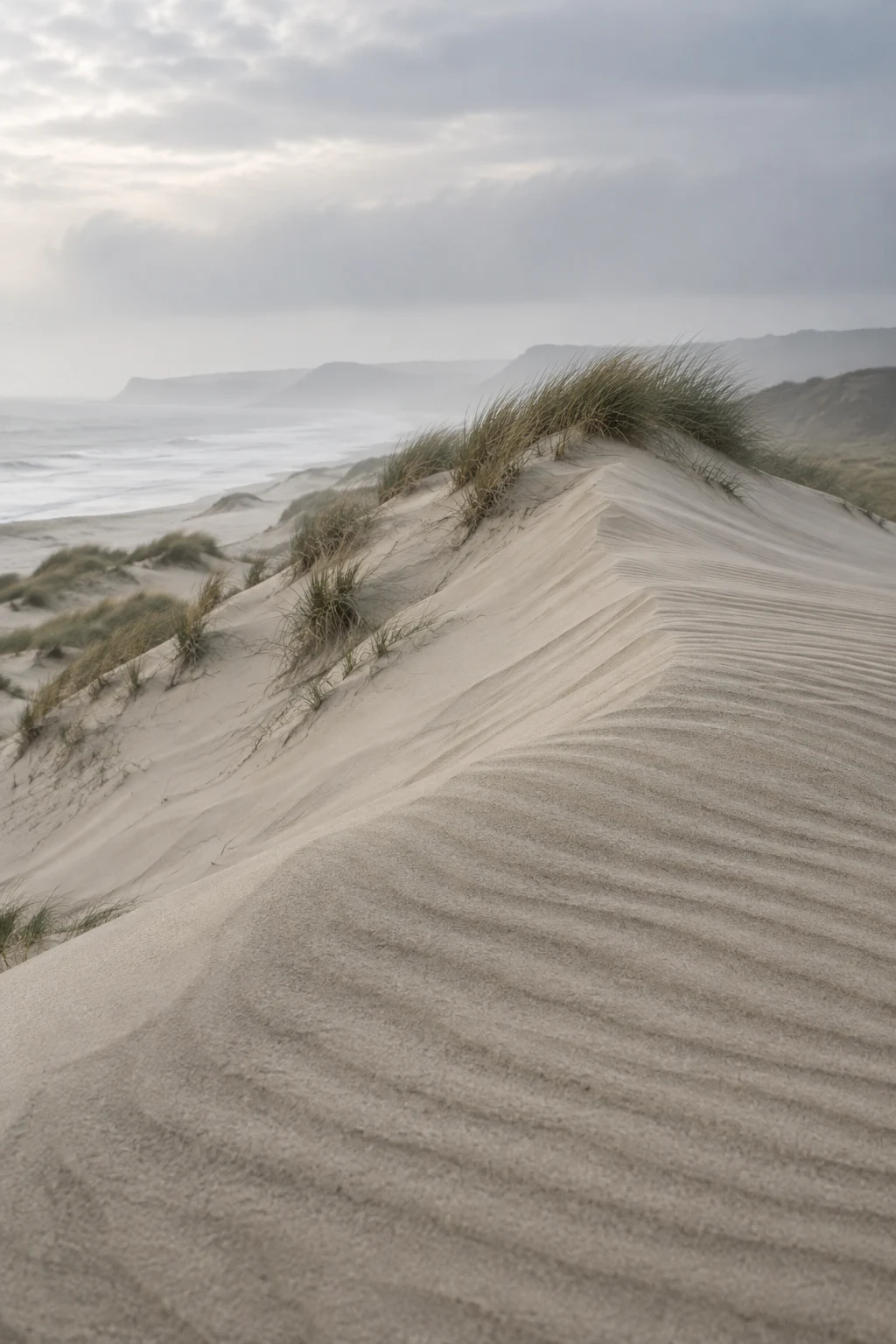 A pale, rippled dune ridge fills the foreground, with marram grass along its crest, a misty shoreline and distant headlands to the left, and an overcast sky…