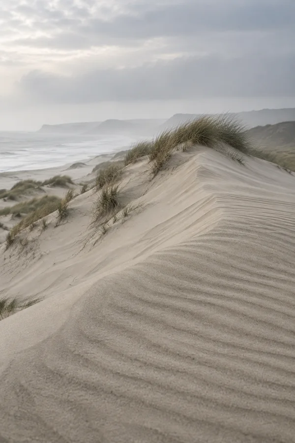 A pale, rippled dune ridge fills the foreground, with marram grass along its crest, a misty shoreline and distant headlands to the left, and an overcast sky…