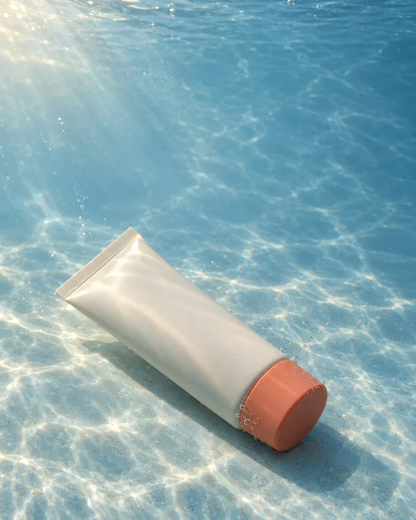 A blank ivory squeeze tube with a coral screw cap rests diagonally on a pale-blue underwater floor, surrounded by bright caustic light and small bubbles.