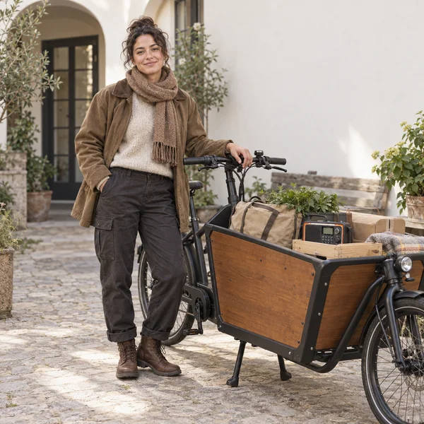 A woman in layered brown and cream clothing stands beside a wooden cargo bike in a stone-paved courtyard.