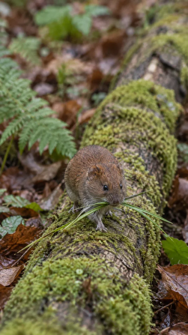 A small brown vole with dark eyes and fine whiskers stands on a moss-covered fallen branch, holding several long green grass strands in its mouth; ferns and…