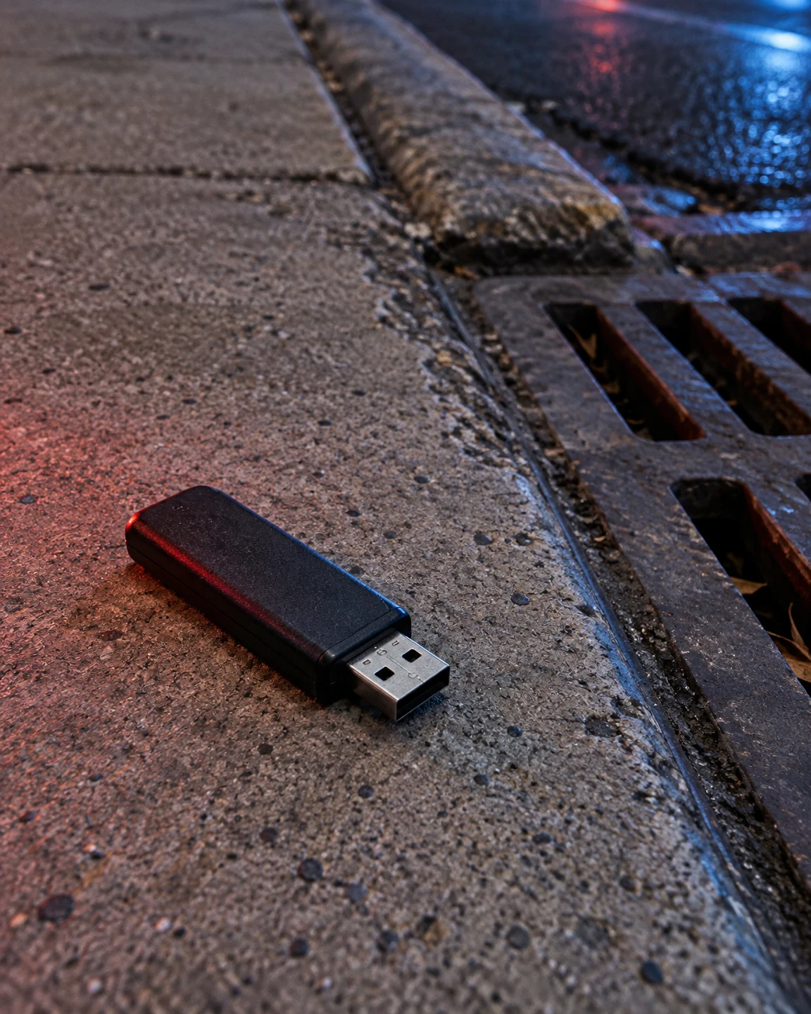 A black USB flash drive lies diagonally on a textured concrete sidewalk beside a curbside drain, with its metal connector exposed; red and blue light falls…