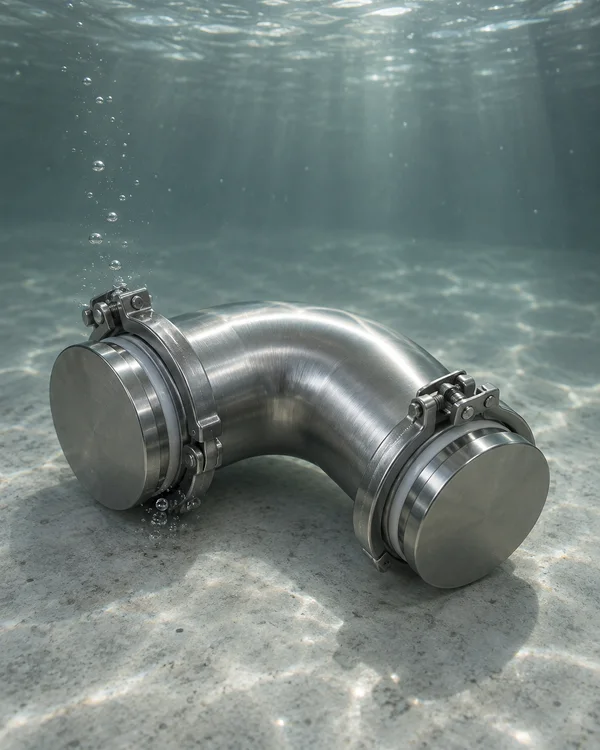 A brushed stainless-steel 90-degree pipe elbow with blank end caps, gaskets and sanitary clamps rests on a pale textured floor underwater, with bubbles rising…