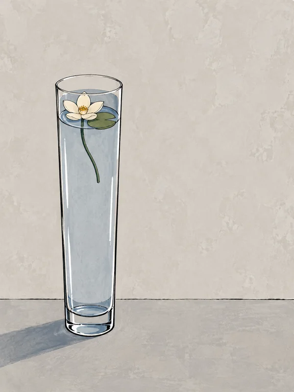 A tall, narrow clear glass with pale blue water, a cream lotus blossom, a muted-green floating leaf and a long curved green stem stands on a ledge against a…