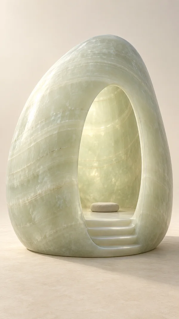 A large pale jade-green pebble-shaped sanctuary stands on a warm limestone-colored floor, with a tall oval opening, three integrated steps, an ivory interior…