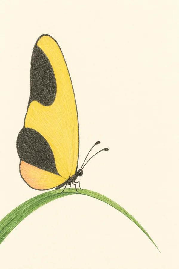 A hand-drawn yellow butterfly with two charcoal wing patches and a peach lower lobe rests on a bowed green grass blade against warm ivory paper.