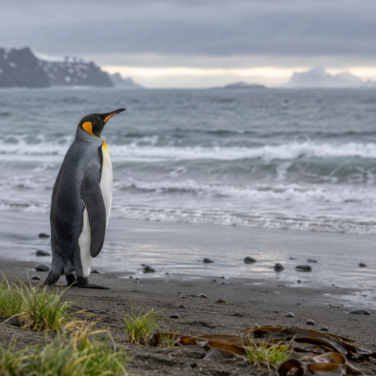 A king penguin stands in profile on dark wet sand, looking toward grey surf, with green grass and brown kelp in the foreground and a pale horizon beyond.